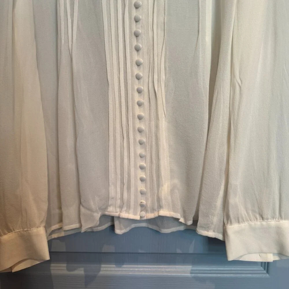 Joie 100% Silk Blouse Sz Medium Cream Chiffon Pintuck Pleated Sheer Gauze Crepe - Picture 4 of 15